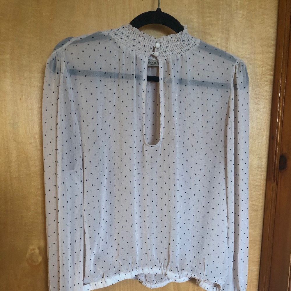 long sleeve, semi sheer, polka dot blouse